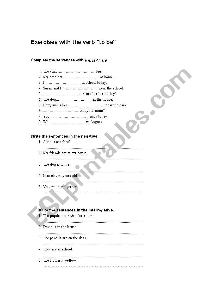 Exercises with the verb TO BE worksheet