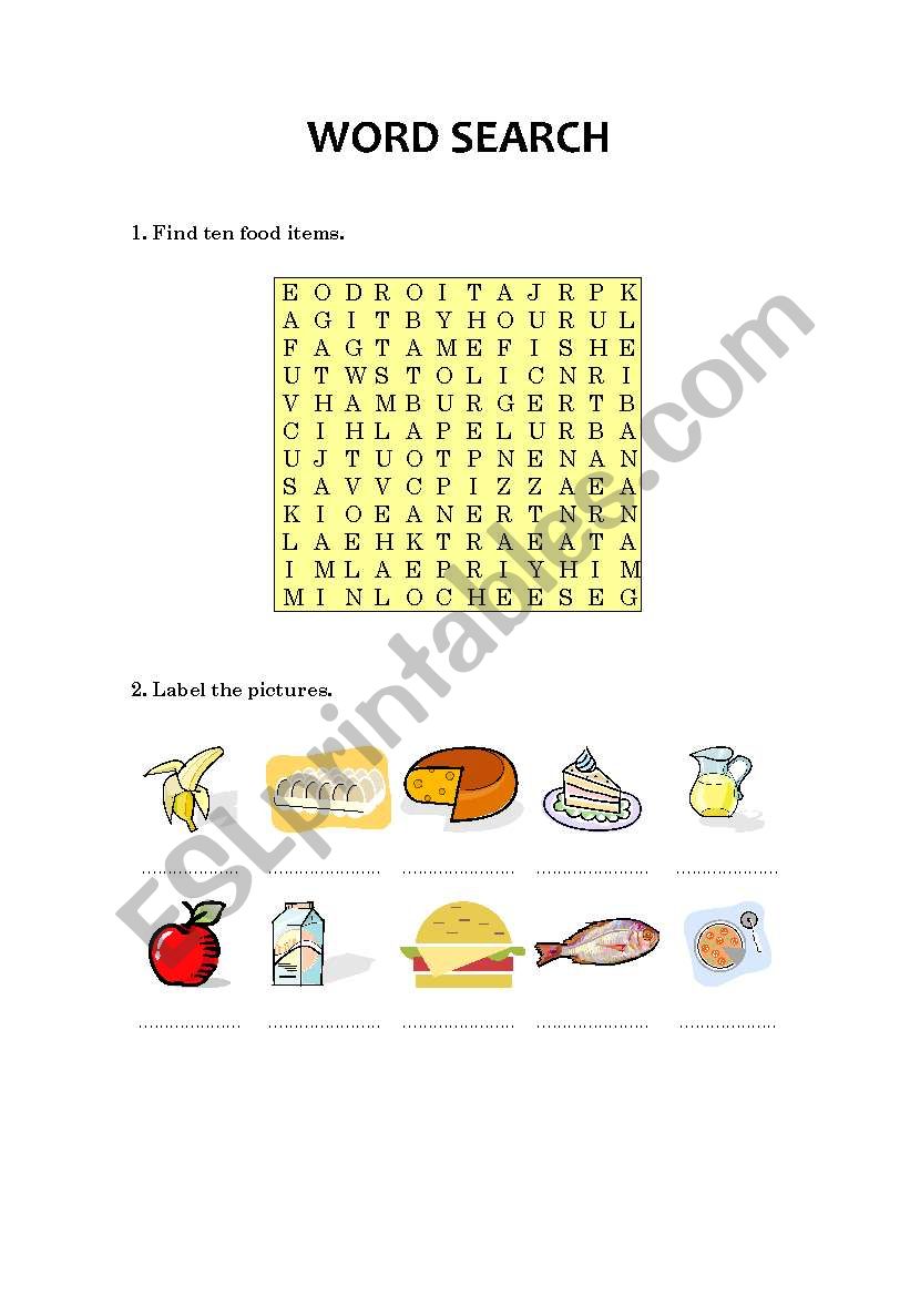 Wordsearch about food worksheet