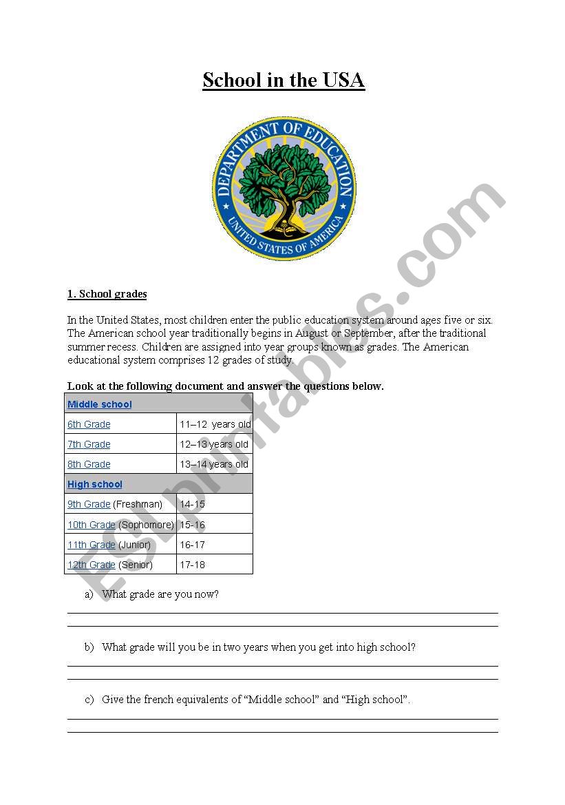 school in the usa worksheet