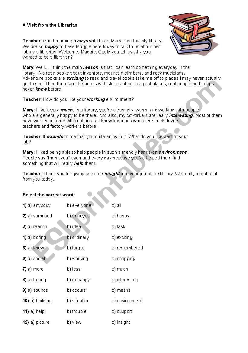 A Visit from the librarian worksheet