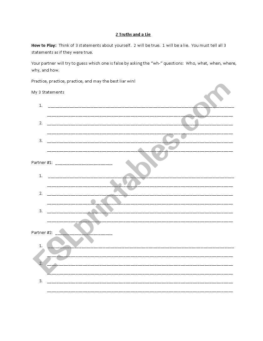 2 Truths and a Lie worksheet