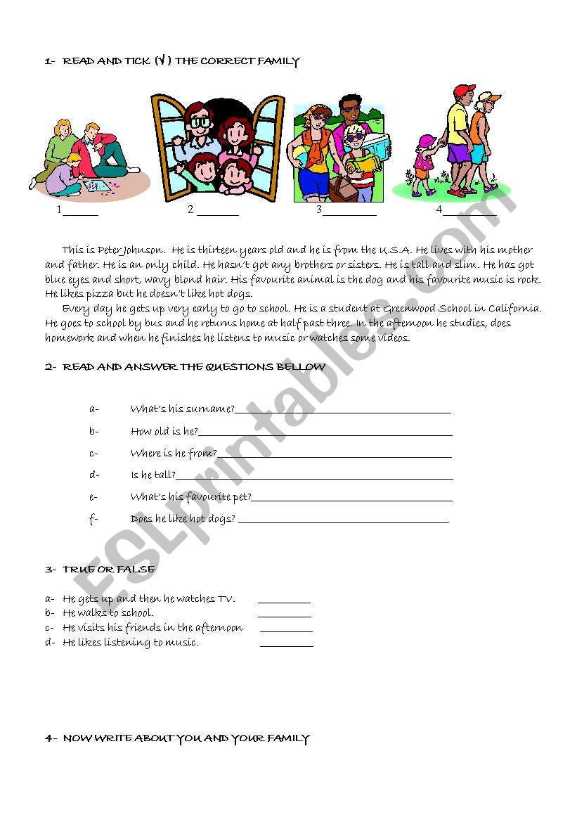 Reading Comp. about a family worksheet