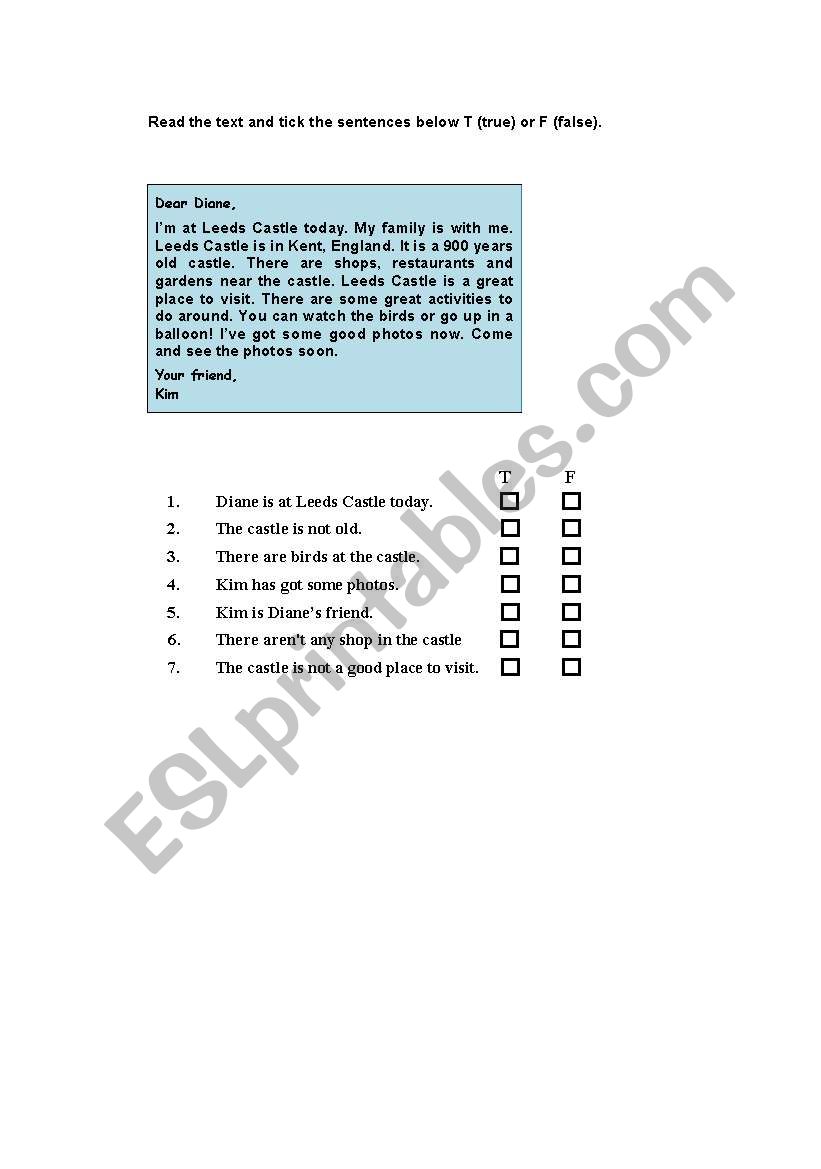 Read and tick true or false worksheet