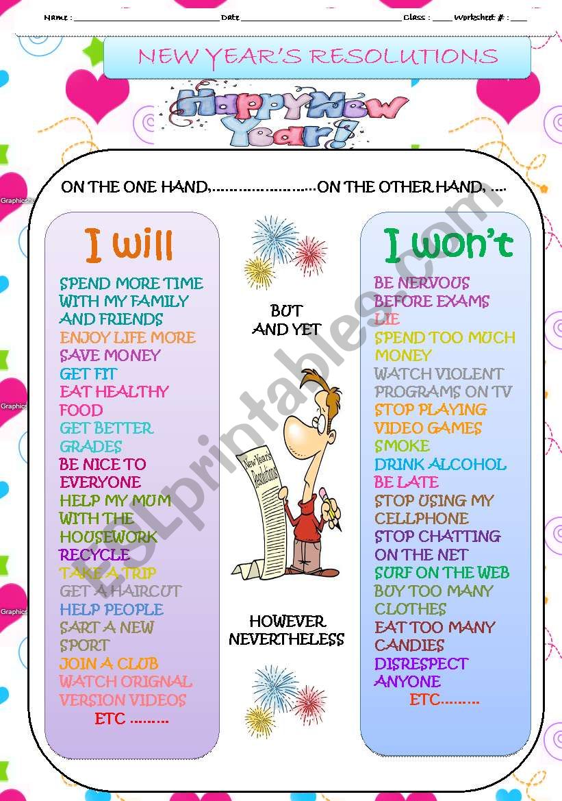 NEW YEARÂ´S RESOLUTIONS WORKSHEET WITH LINKWORDS