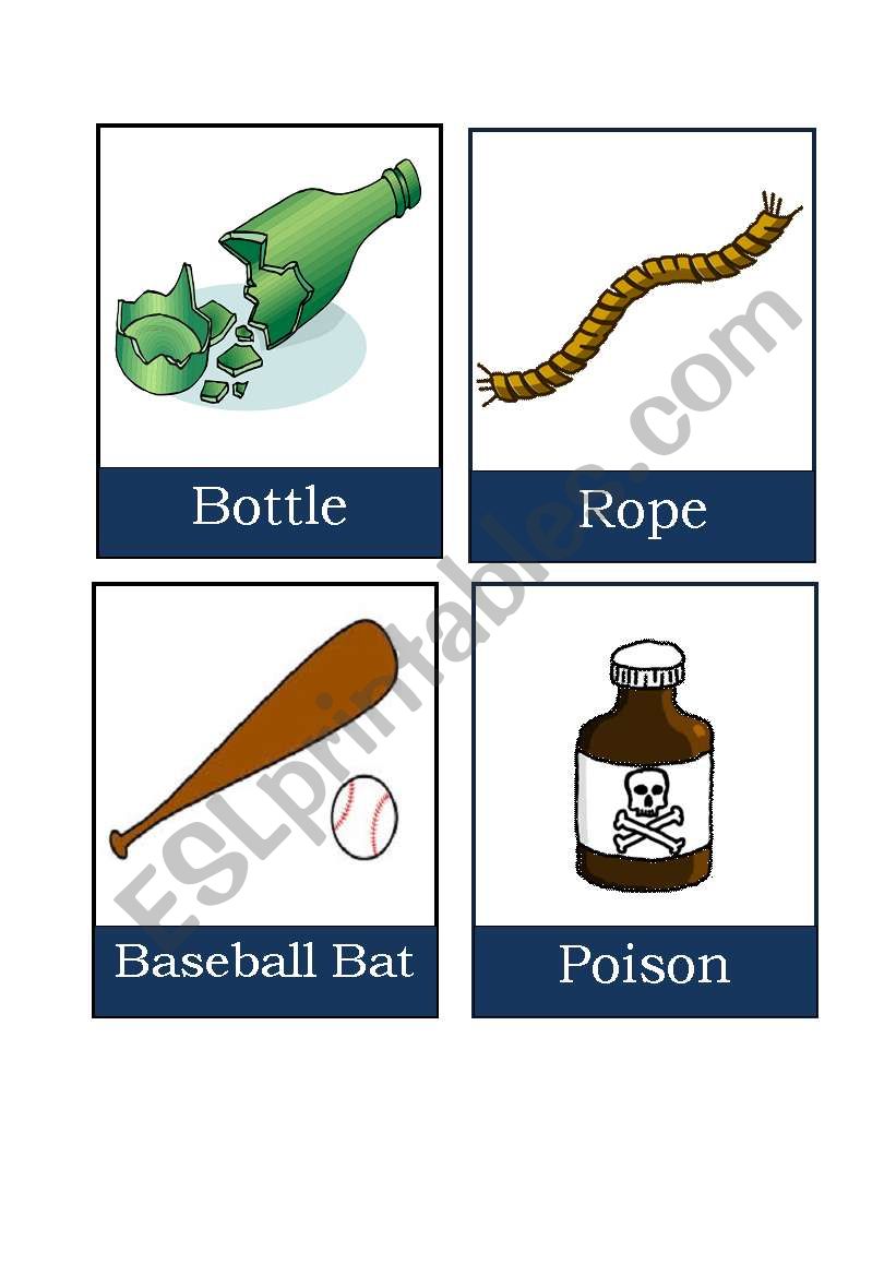 CLUEDO WEAPONS  and RULES worksheet