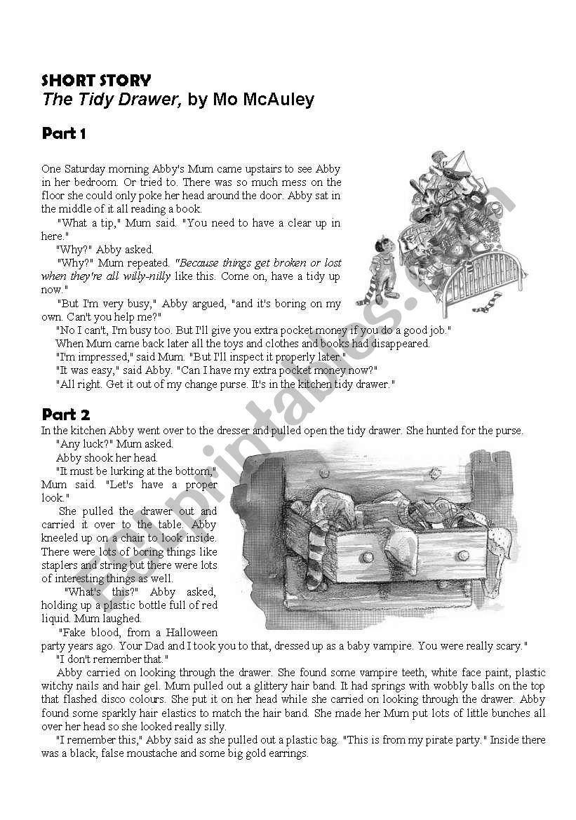 Extensive reading - The Tidy Drawer, by Mo McAuley & Comprehension Worksheet