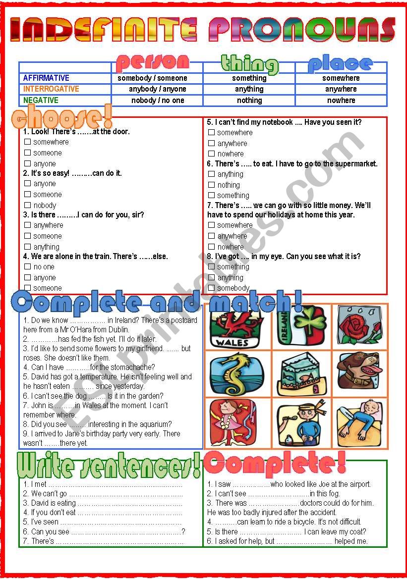 Indefinite pronouns worksheet