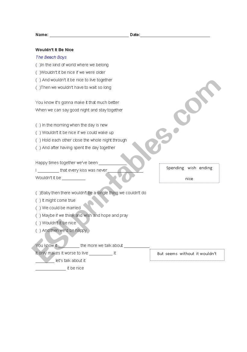beach boys song worksheet worksheet