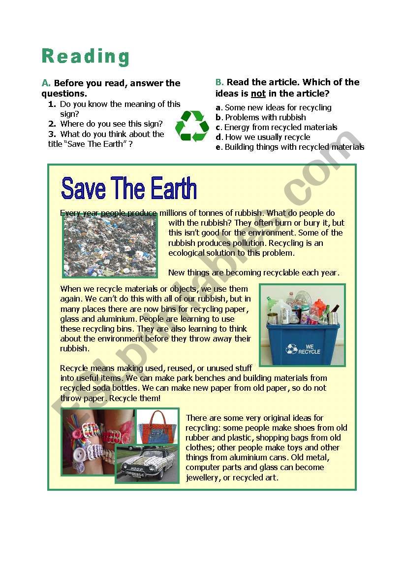 Recycle! Save the earth! worksheet