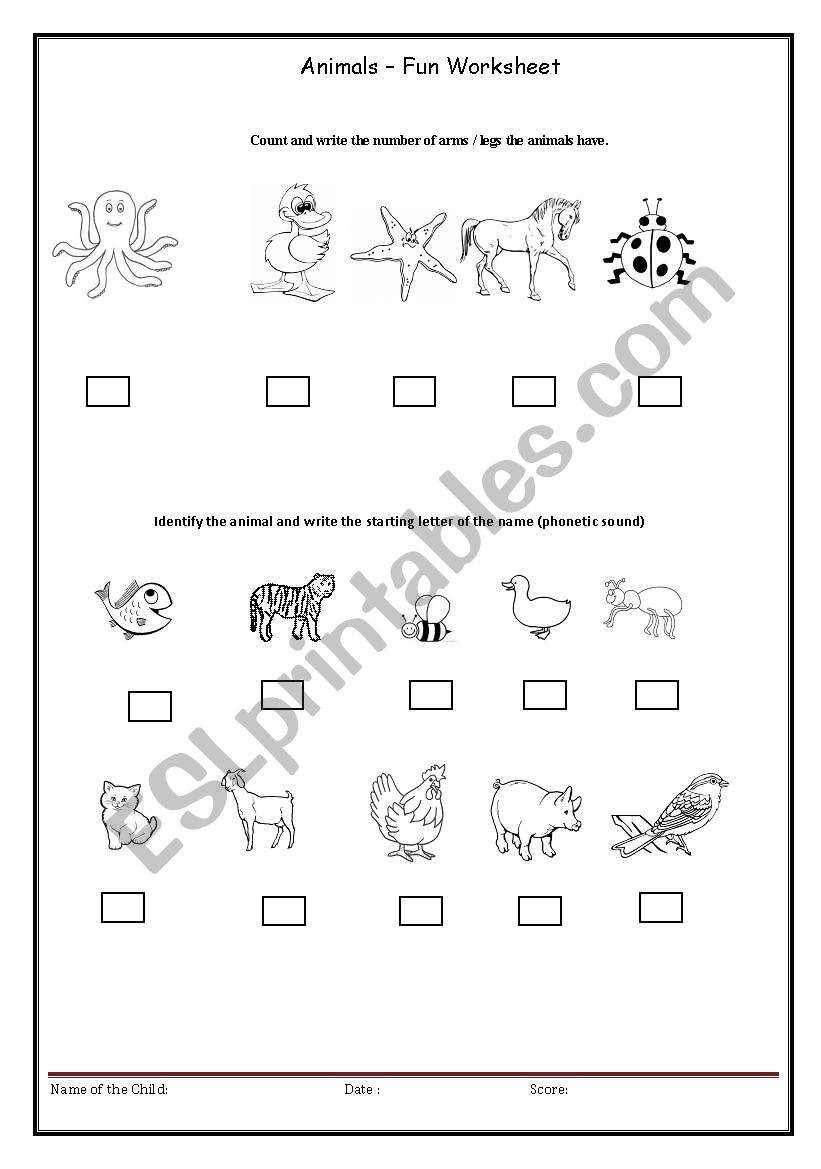 Animals - Fun Worksheet ( Maths & English(phonectic)