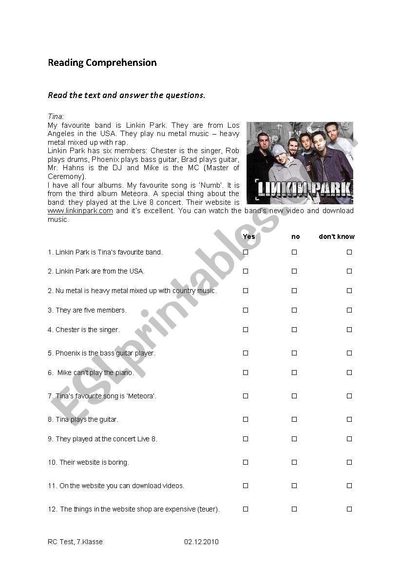 Reading comprehension worksheet