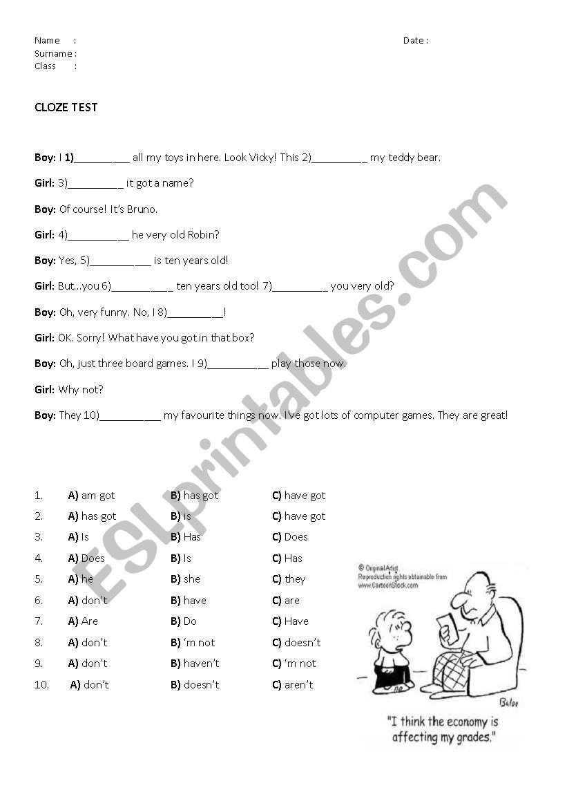 Cloze test worksheet