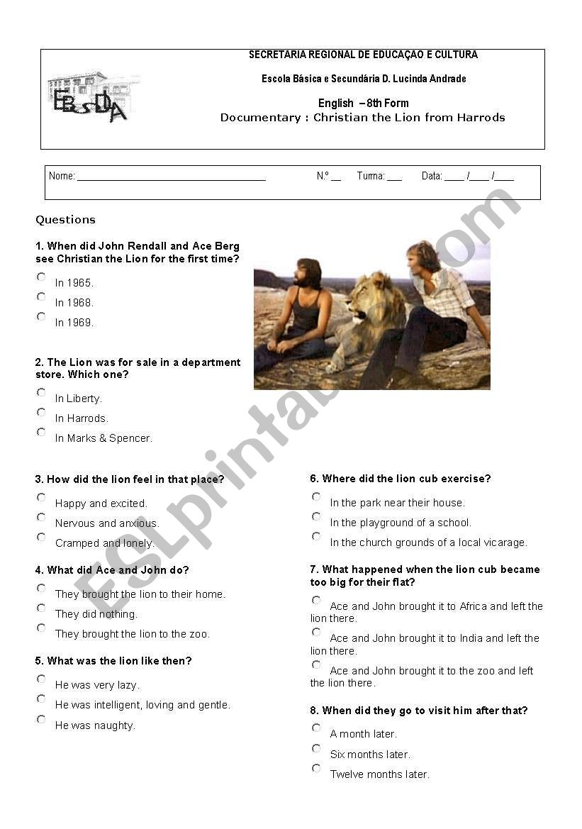 Christian the Lion Cub worksheet