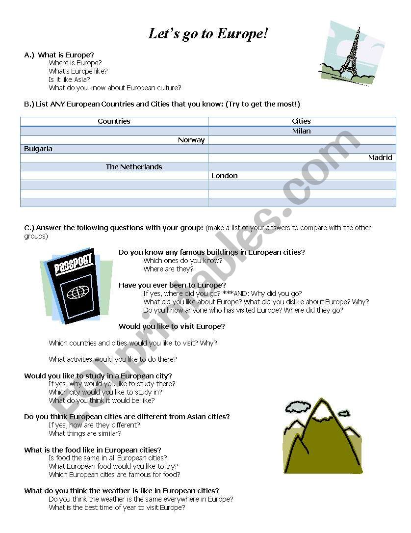 Europe and travel worksheet