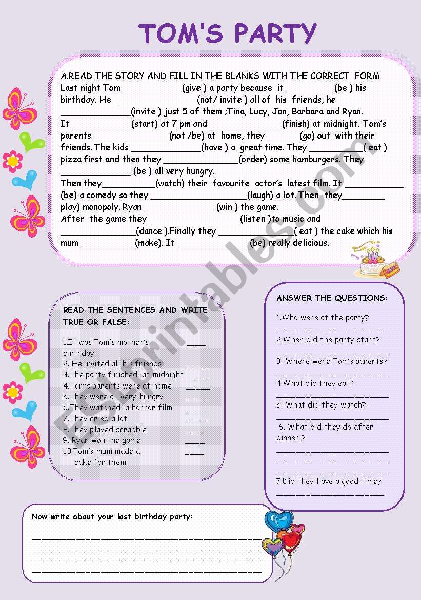 Toms Party worksheet