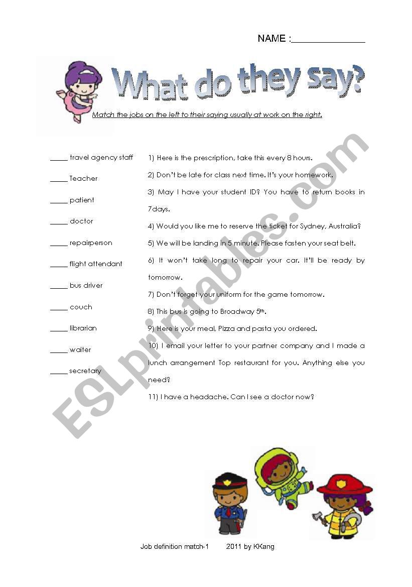 Occupation, jobs matching  worksheet