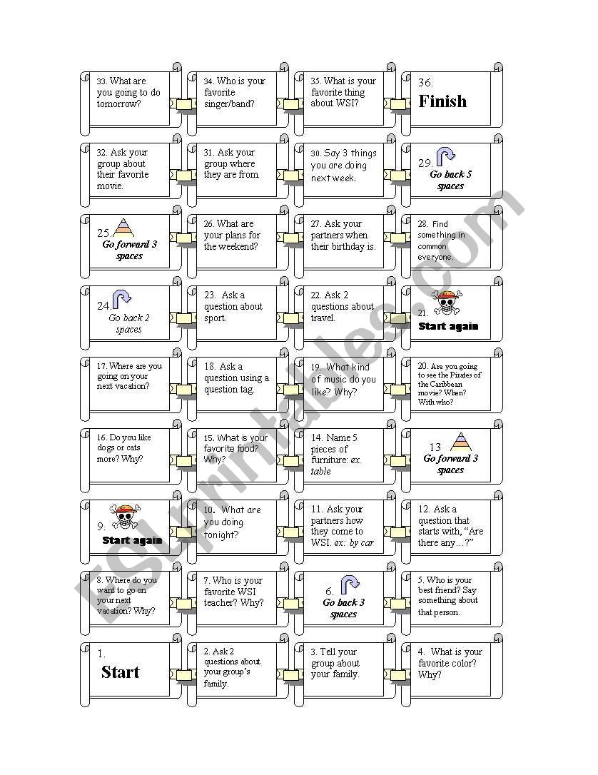 Pirate board game worksheet