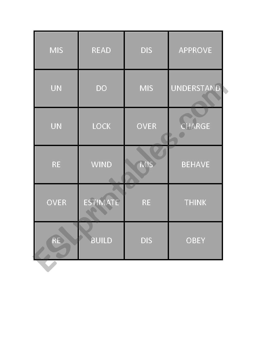 Verb prefixes - memory game worksheet