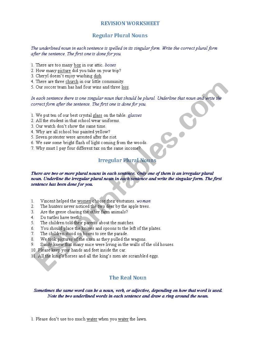 Revision Worksheet  worksheet