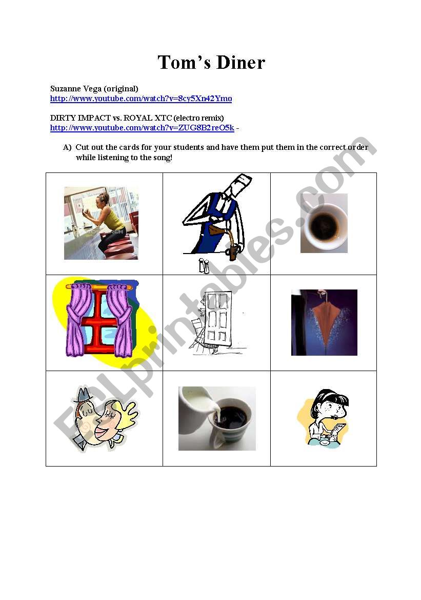 Toms Diner - Picture ordering activity + present continuous exercise + vocab exercise