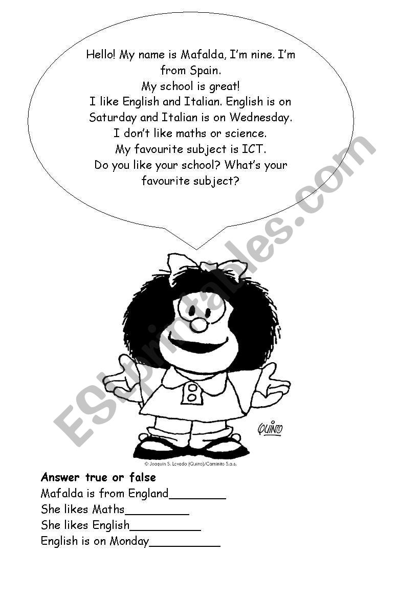Mafalda and the school worksheet