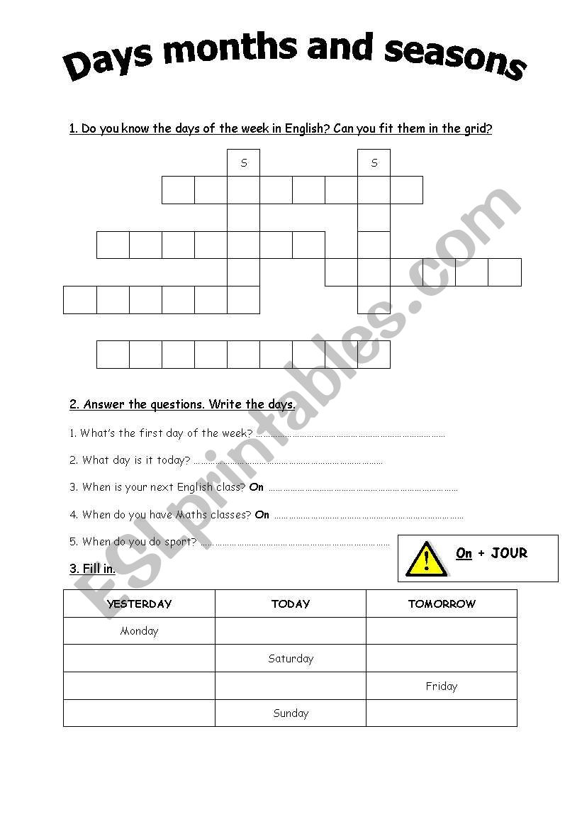 Days - months - seasons worksheet