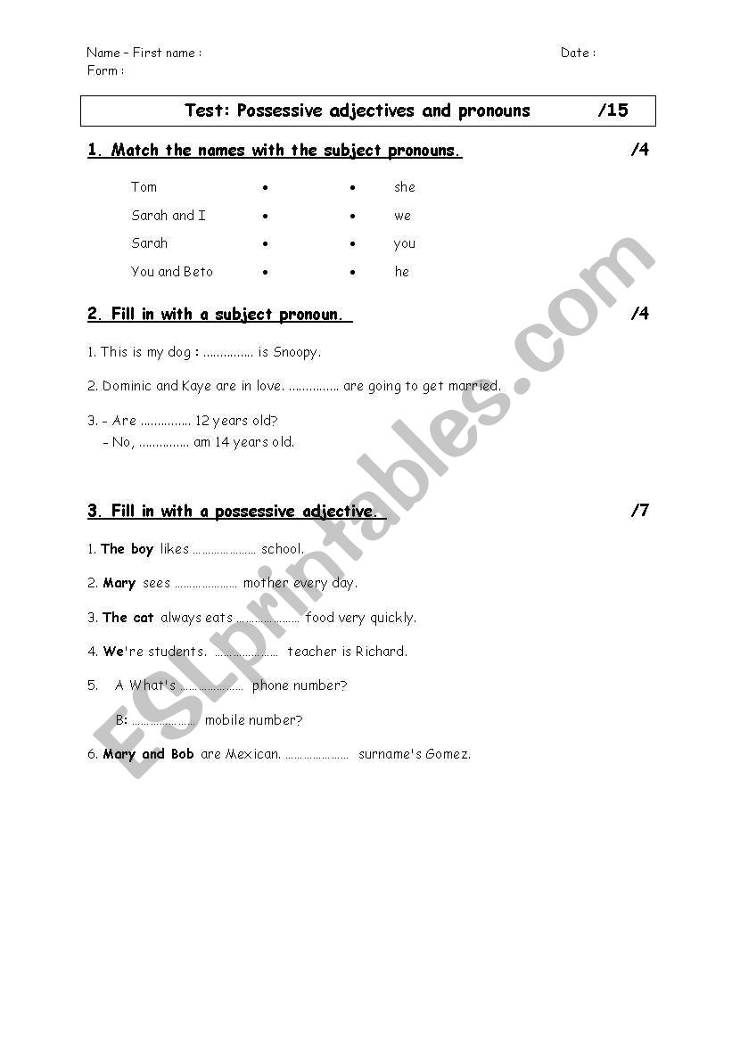 Test: personal pronouns & possessive adjectives
