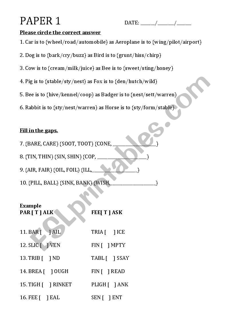 Verbal Reasoning Test 1 worksheet