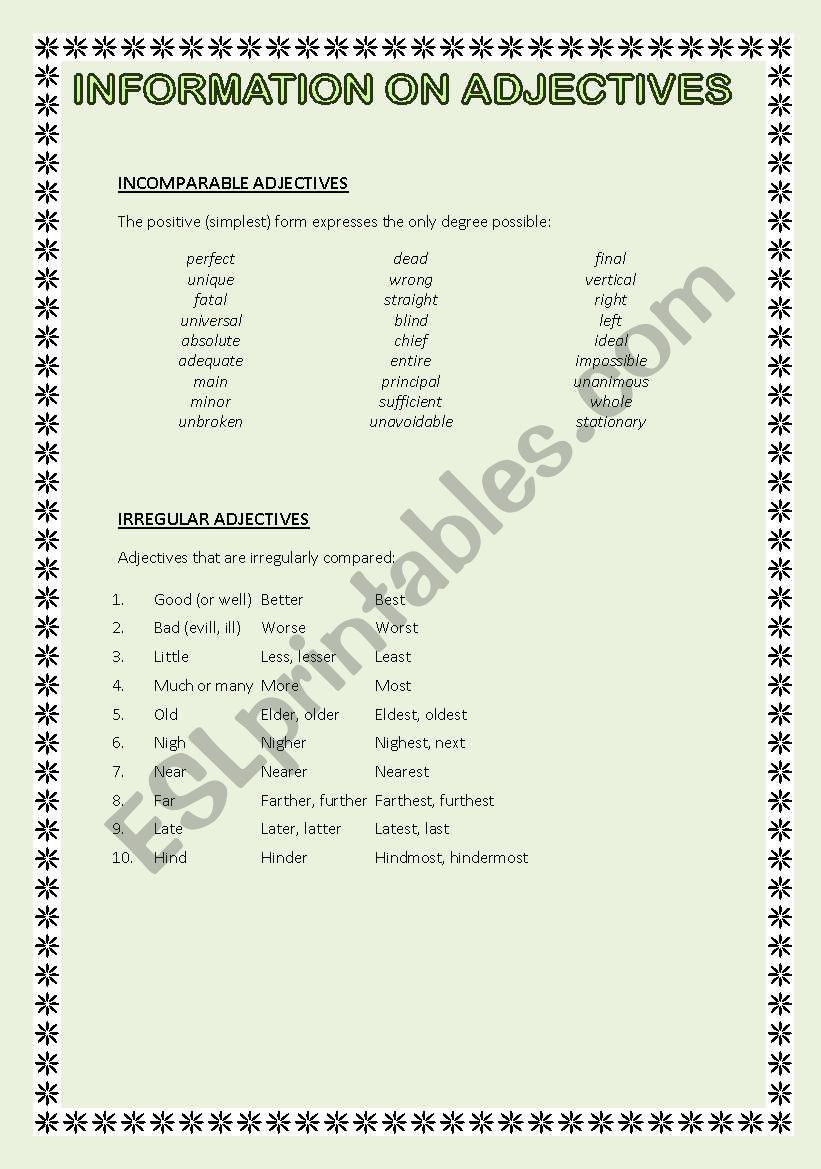 Information on adjectives (irregular and incomparable)