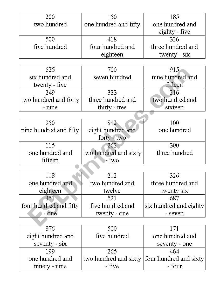 Bingo numbers worksheet