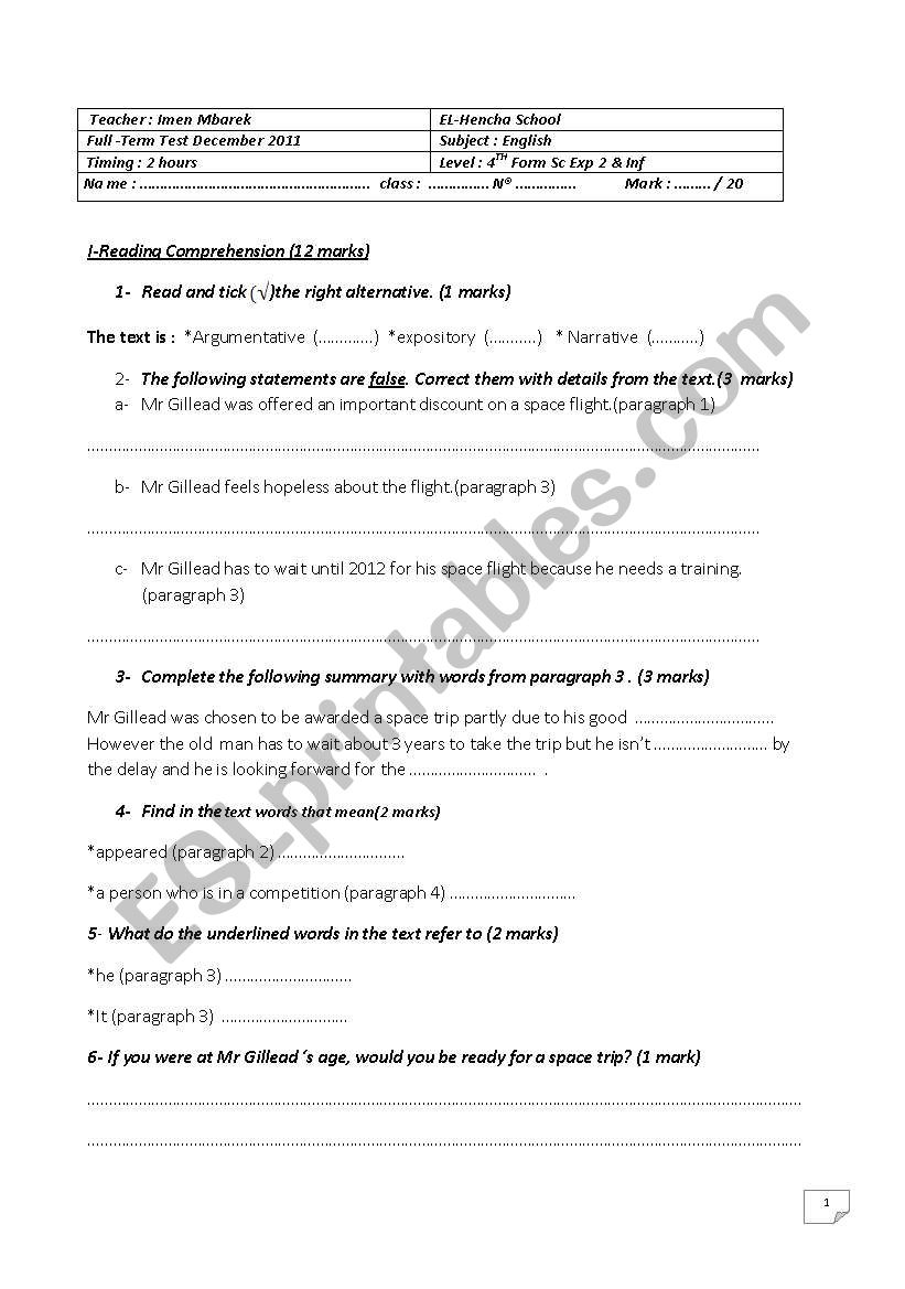 Full Term Test N1 (Forth form pupils)