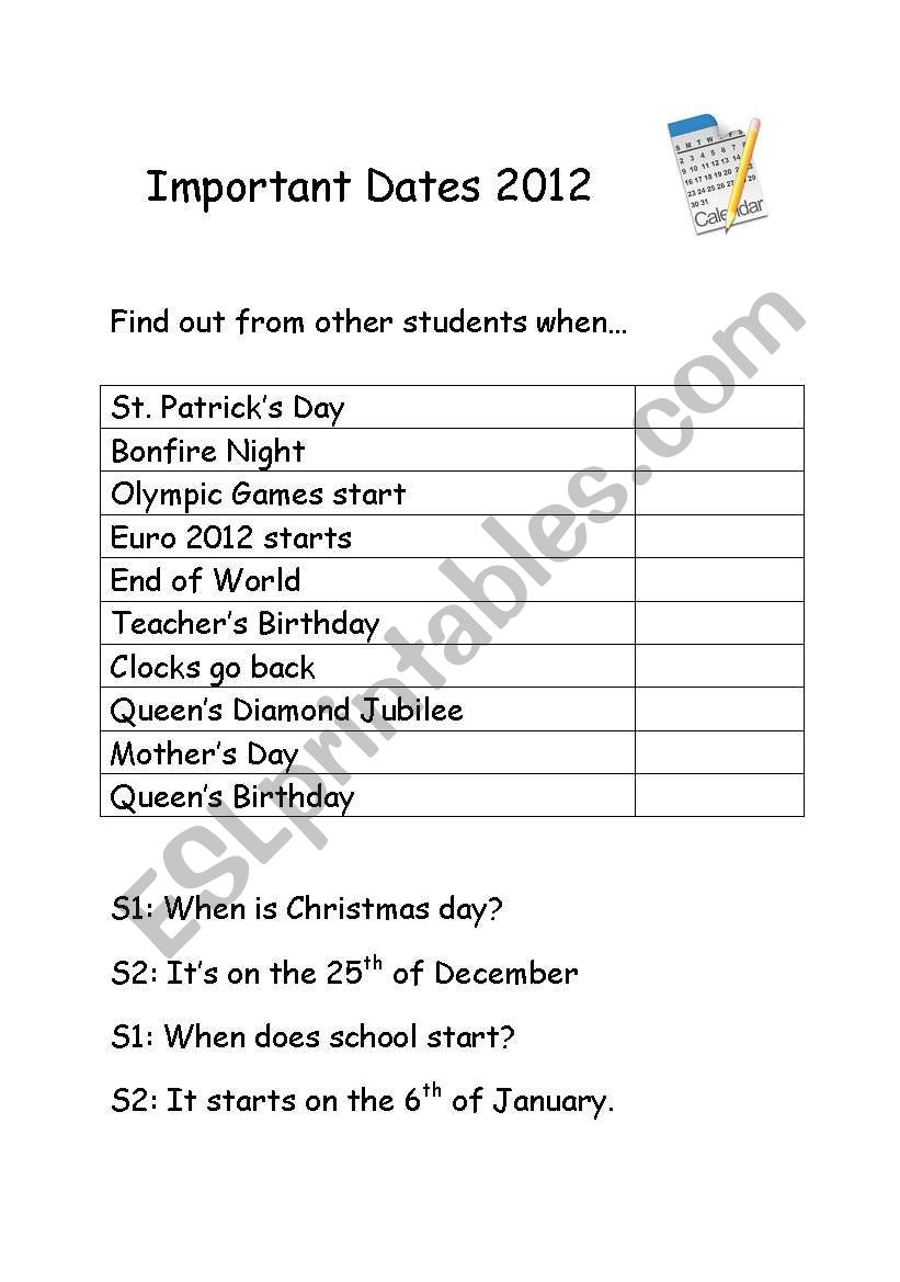 Important Dates 2012 worksheet