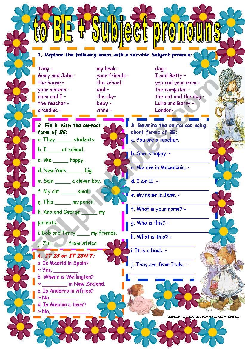 to BE, full/short forms; Subject pronouns; subject/verb agreement; short answers