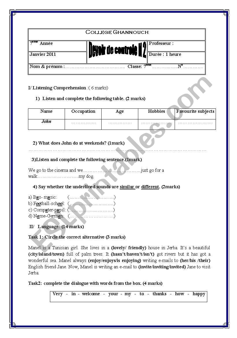 mid-term test number 2 for second form