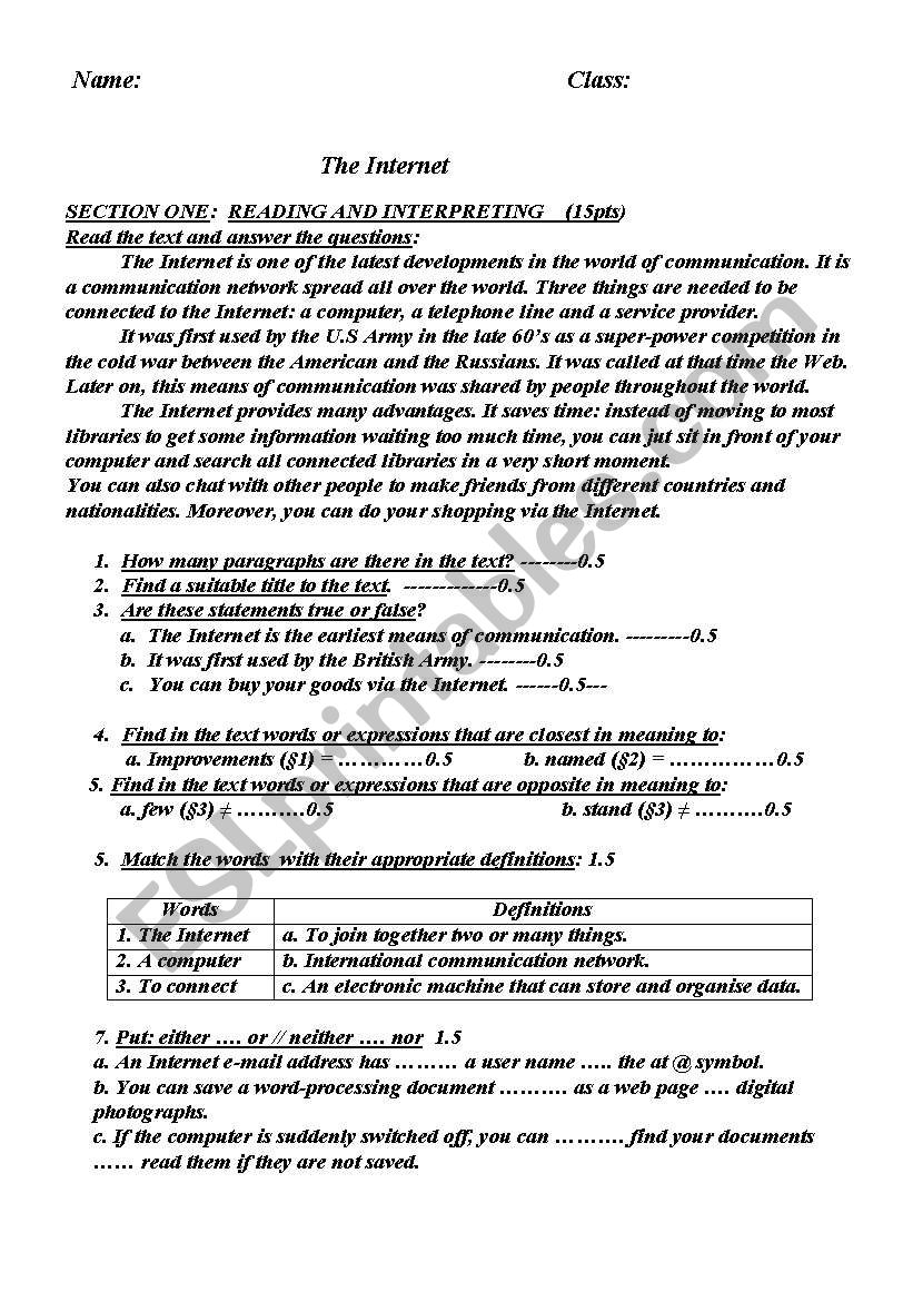 test on internet worksheet