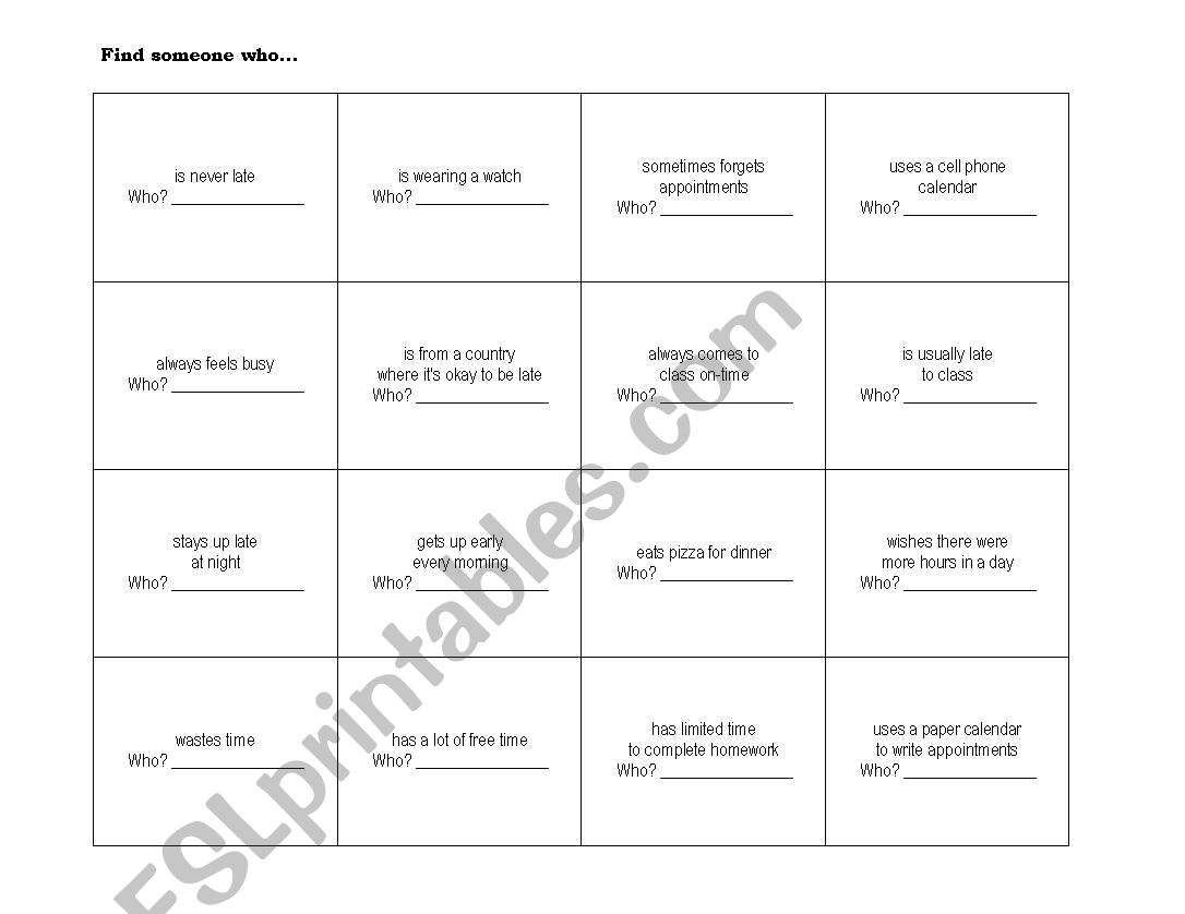 Find Someone Who Bingo worksheet