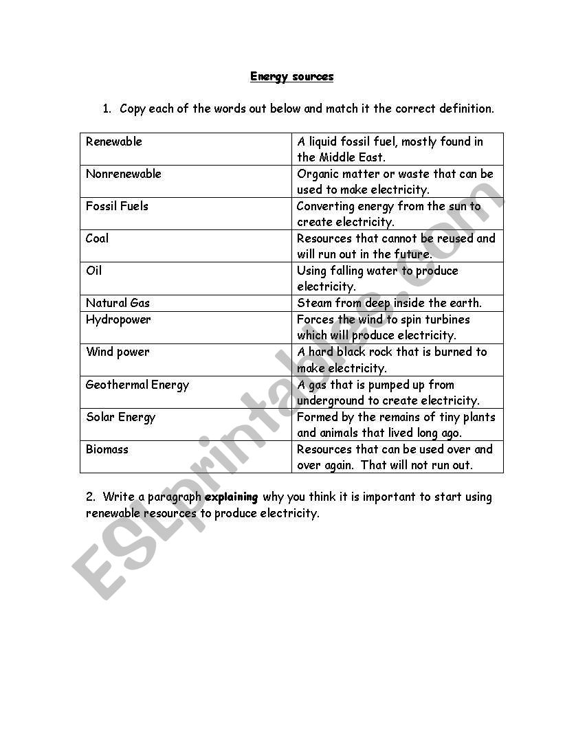 Energy Sources worksheet