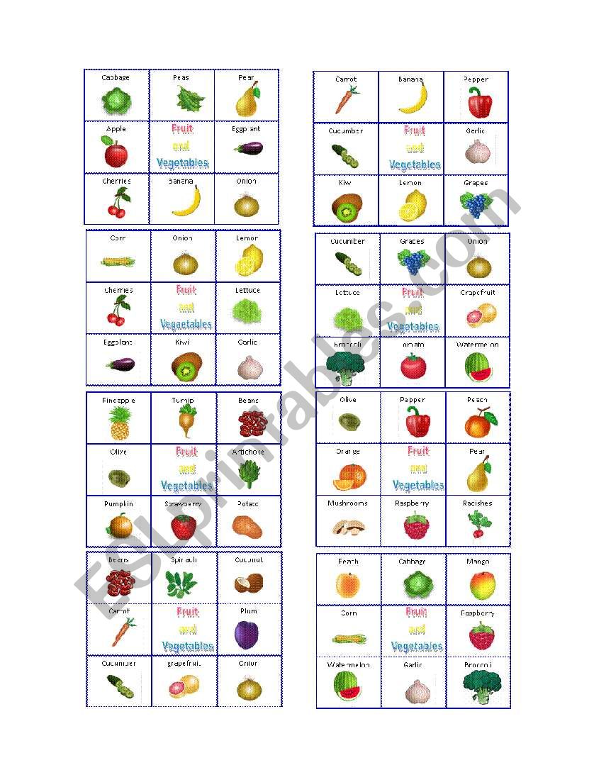 Fruit and Vegetables Bingo worksheet