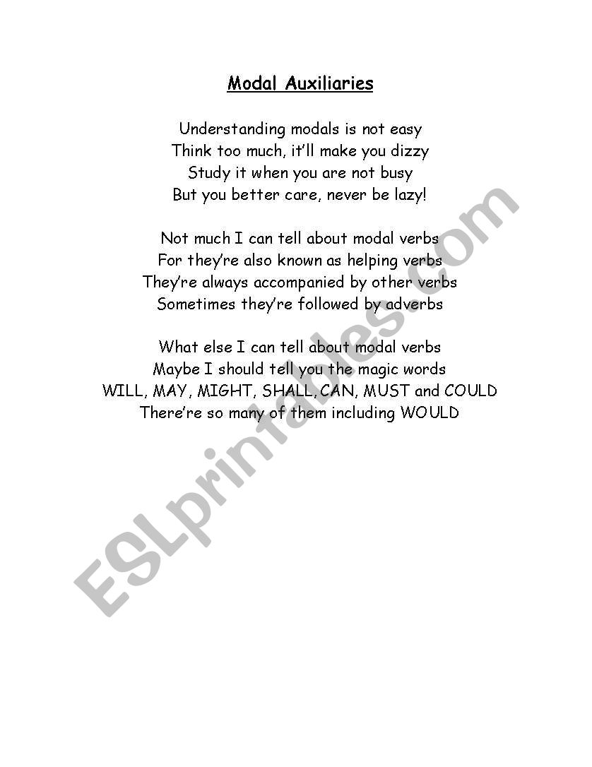 Modal Auxiliaries Poem worksheet