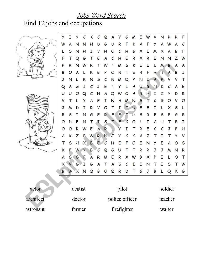 Jobs wordsearch worksheet