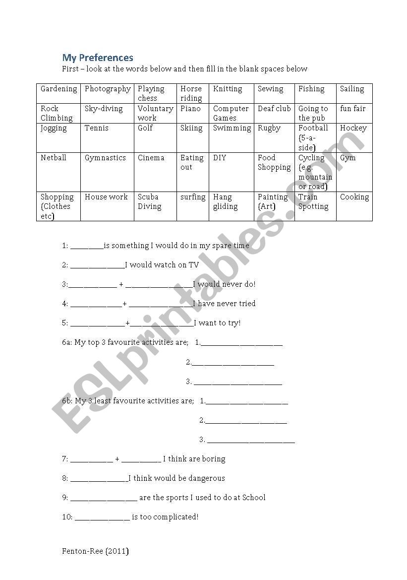 My preferences (hobbies) worksheet