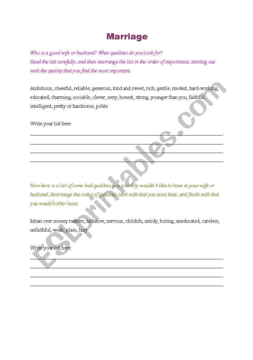 Marriage worksheet