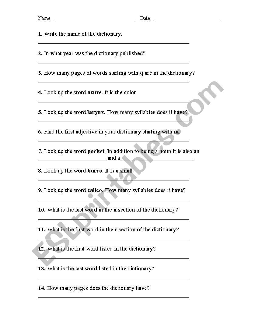 Use a dictionary worksheet