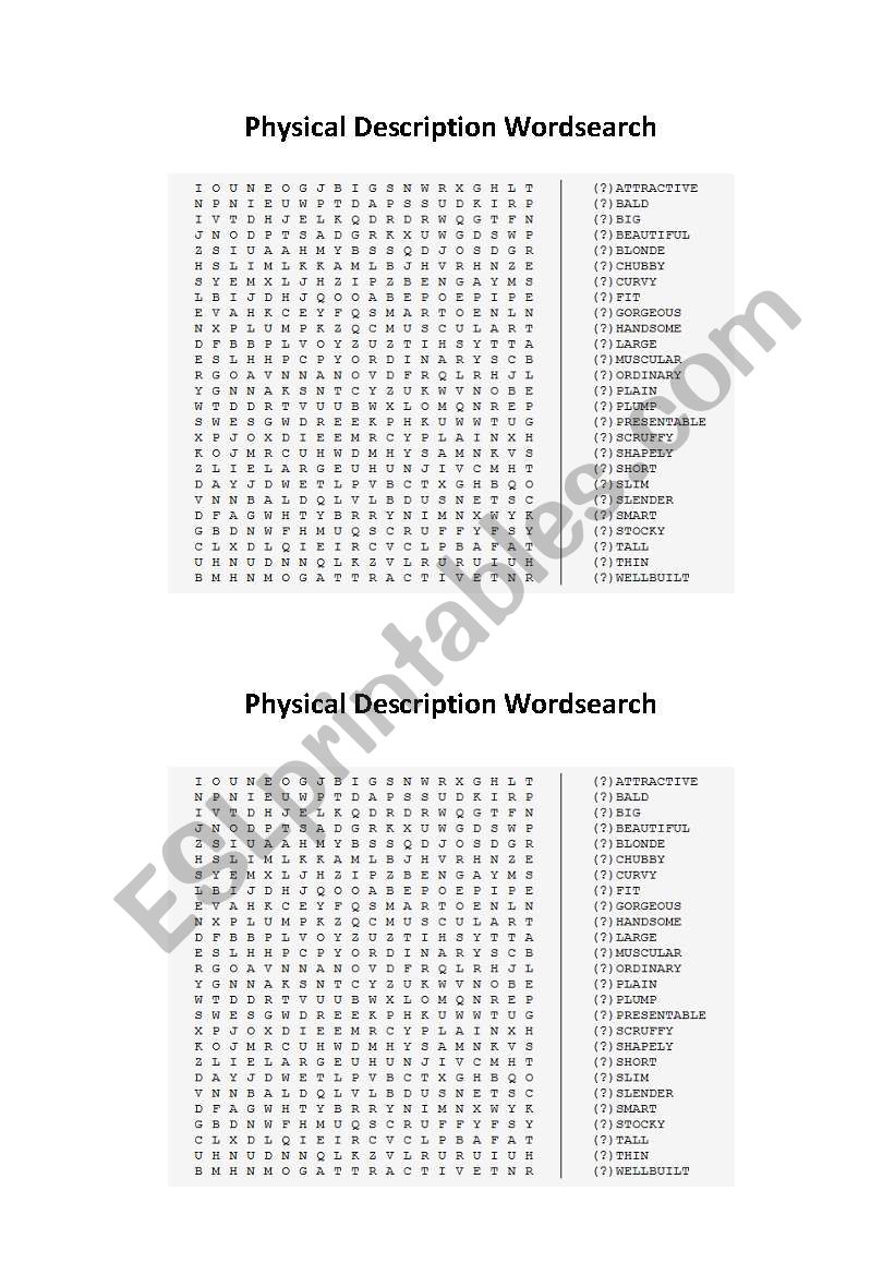 Physical Description wordsearch