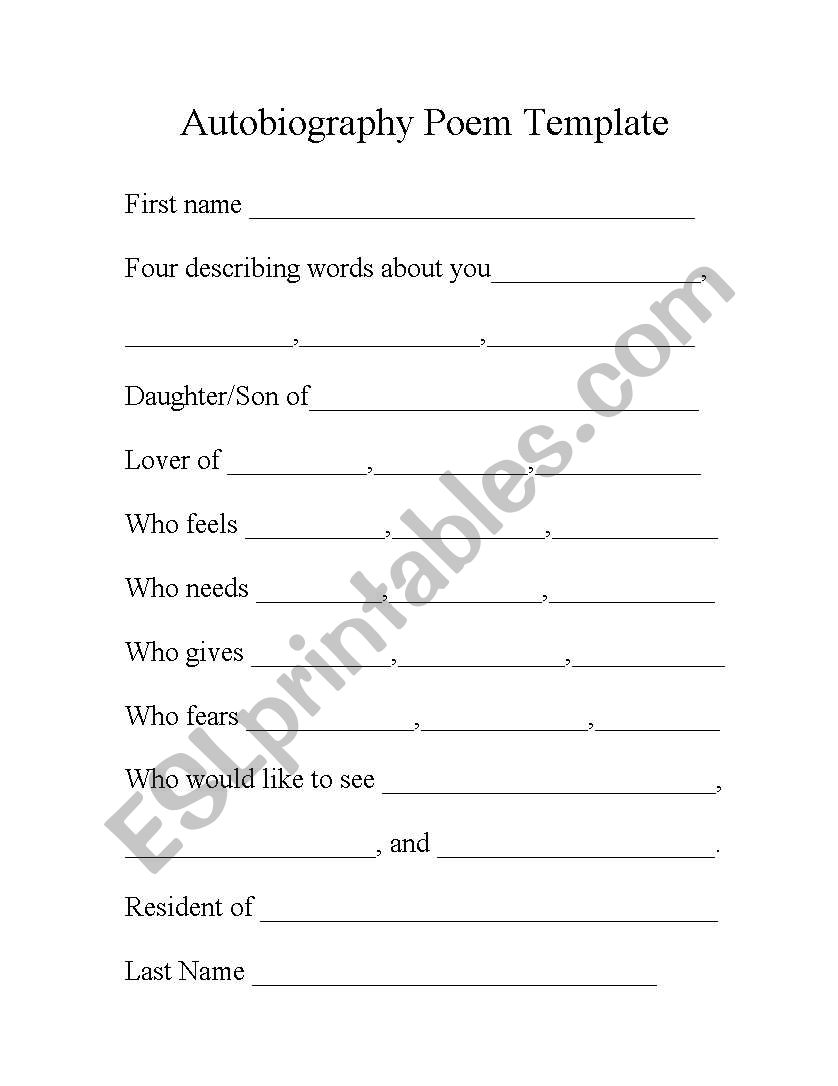 Autobiography Poem Template worksheet