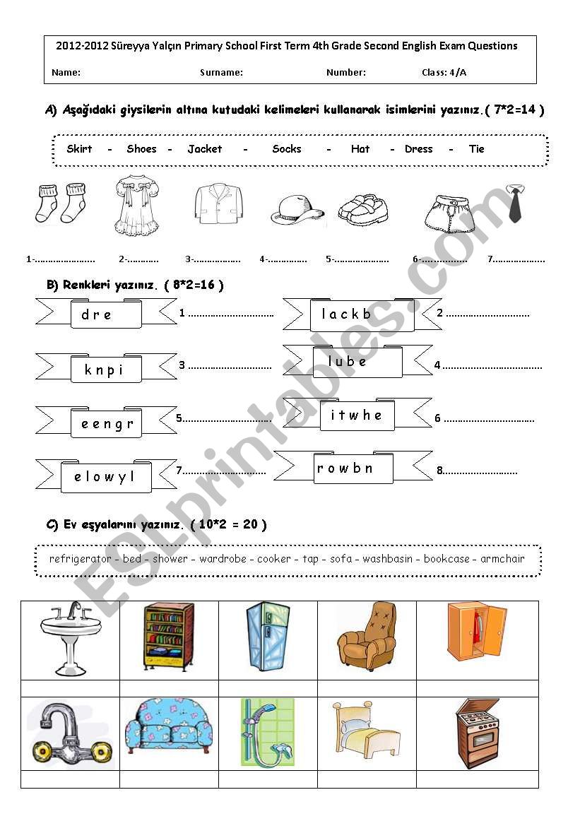 2011-2012 4th grade 1st term secon exam :)