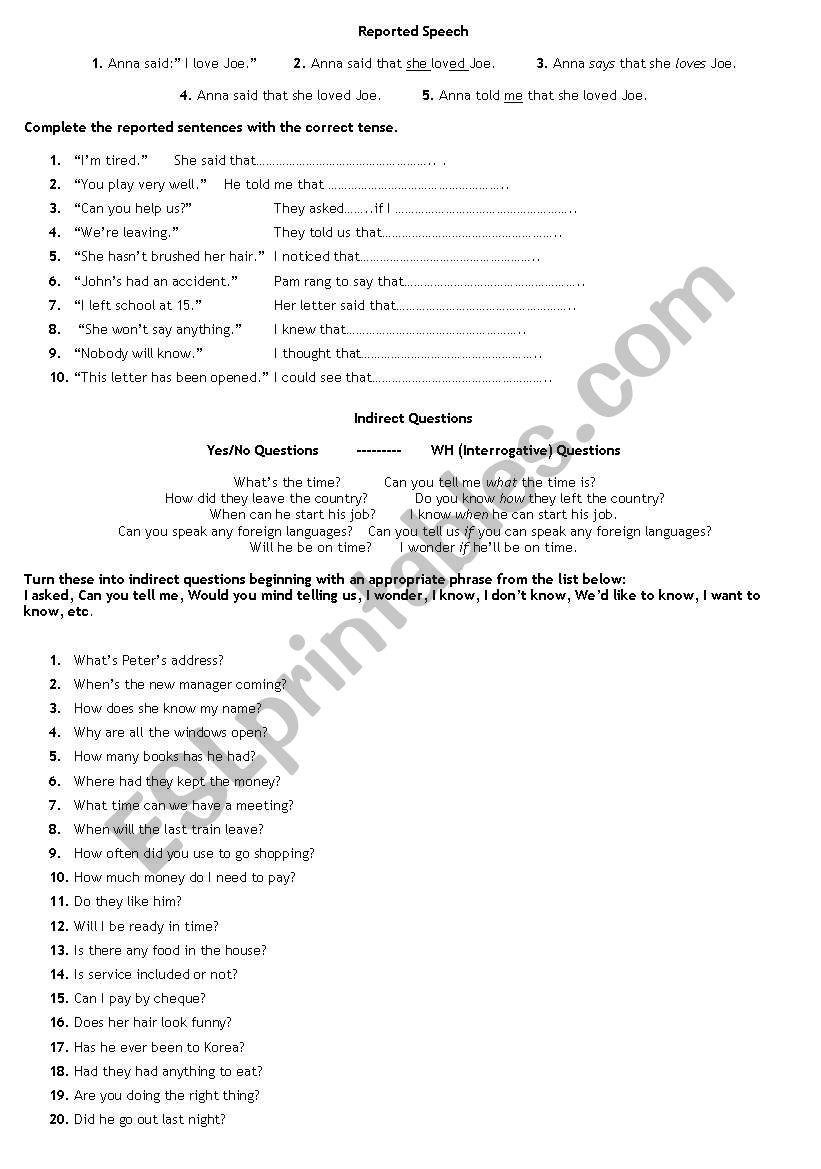 Reported speech worksheet