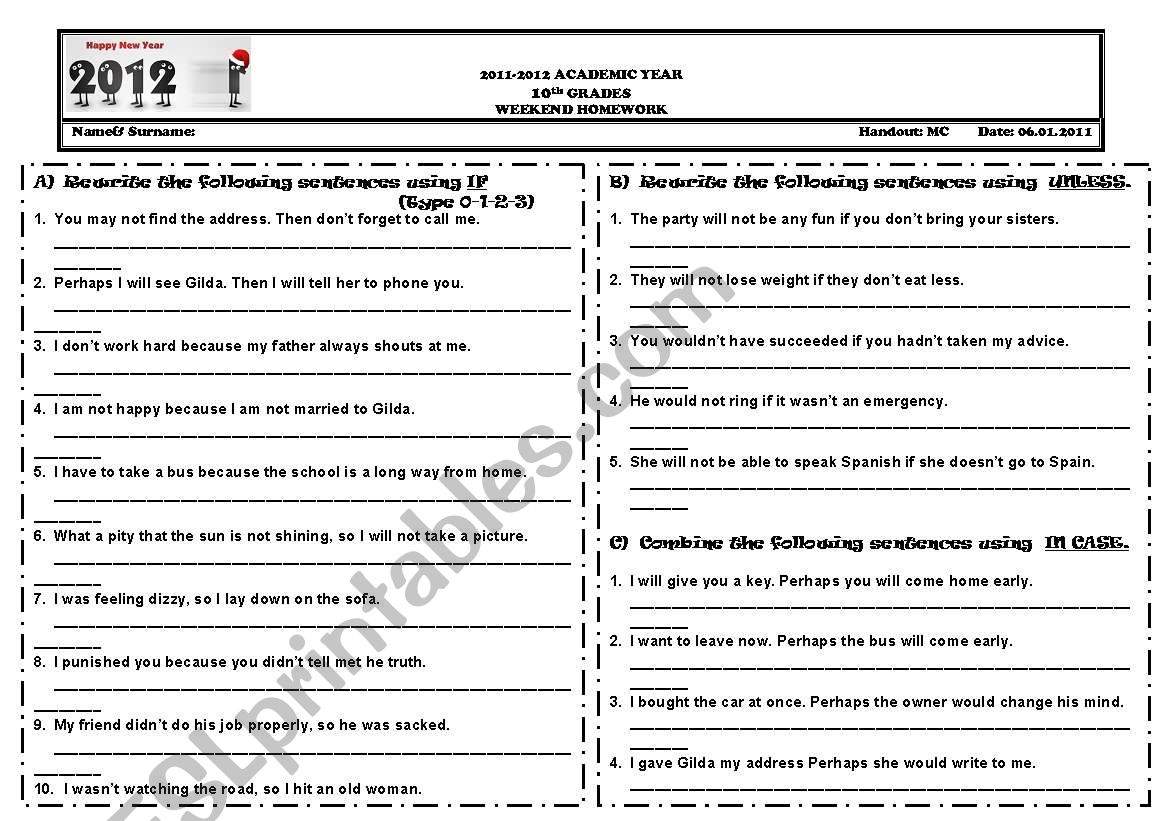 IF CLAUSES - UNLESS - IN CASE worksheet