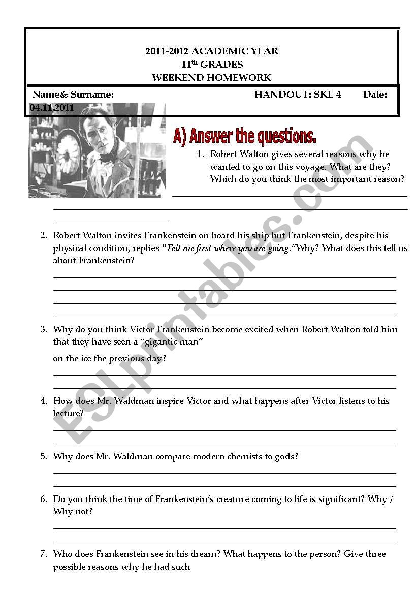 Frankenstein worksheet