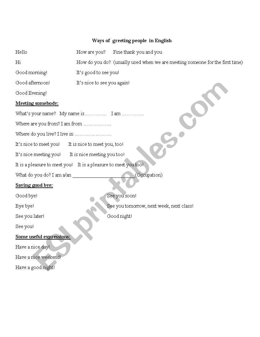 Greetings and introductions worksheet